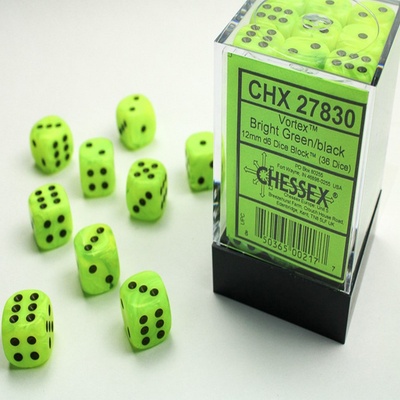 36 d6 Dice Chessex Polyedral VORTEX BRIGHT GREEN BLACK 27830 Dadi