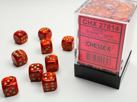 36 d6 Dice Chessex Scarab SCARLET GOLD 27814 Dadi