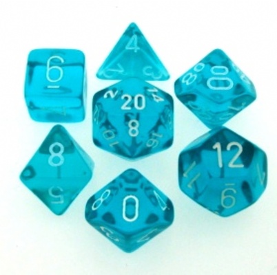 7 Dice Chessex TRANSLUCENT TEAL WHITE 23085 Dadi