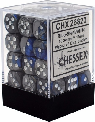 36 d6 Dice Chessex BLUE STEEL WHITE 26823 Dadi