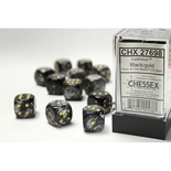 12 d6 Dice Set Chessex Lustrous BLACK Gold 27698 NERO Oro Dadi Dado