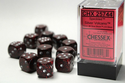 12 d6 Dice Chessex SPECKLED SILVER VOLCANO Red Black Dadi 25744