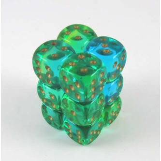 12 d6 Dice Set Chessex GEMINI TRANSLUCENT GREEN TEAL gold 26638 TRASPARENTE VERDE CIANO oro Dadi