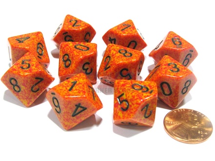 10 d10 Dice Set Chessex SPECKLED FIRE Black 25103 MACULATO FUOCO Nero Dadi Dado