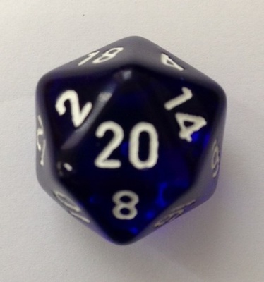 d20 Dice Chessex 16mm Translucent Blue white PT2006 Dado Trasparente Blu bianco