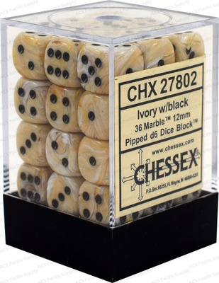 36 d6 Dice Chessex MARBLE IVORY BLACK 27802 Dadi