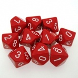 10 d10 Dice Set Chessex OPAQUE RED white 26204 Dadi OPACO ROSSO bianco