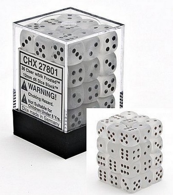 36 d6 Dice Chessex FROSTED CLEAR BLACK 27801 Dadi