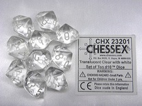 10 d10 Dice Set Chessex TRANSLUCENT CLEAR white 23201 TRASPARENTE bianco Dadi