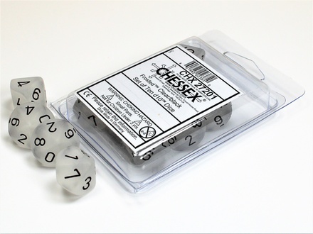 10 d10 Dice Chessex Frosted CLEAR Black 27201 Dadi