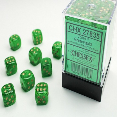 36 d6 Dice Chessex Polyedral VORTEX GREEN GOLD 27835 Dadi