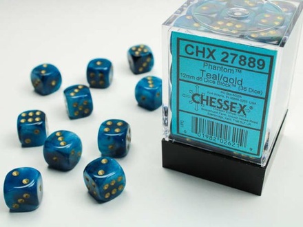 12 d6 Dice Chessex PHANTOM TEAL GOLD 27889 Dadi