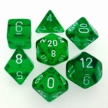 7 Dice Chessex TRANSLUCENT GREEN WHITE 23075 Dadi