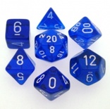7 Dice Chessex TRANSLUCENT BLUE WHITE  23076 Dadi