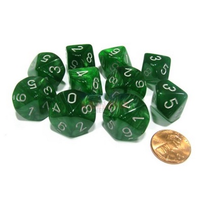 10 d10 Dice Set Chessex VELVET GREEN silver 27275 Dadi